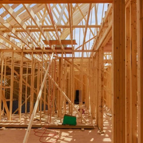 Framing of a new residential construction home that has not yet been completed.